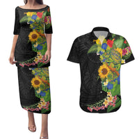 Hawaiian Tropical Plants and Chameleon Couples Matching Puletasi and Hawaiian Shirt Polynesian Art Colorful LT03 Black - Polynesian Pride