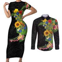 Hawaiian Tropical Plants and Chameleon Couples Matching Short Sleeve Bodycon Dress and Long Sleeve Button Shirt Polynesian Art Colorful - Polynesian Pride