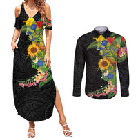 Hawaiian Tropical Plants and Chameleon Couples Matching Summer Maxi Dress and Long Sleeve Button Shirt Polynesian Art Colorful - Polynesian Pride