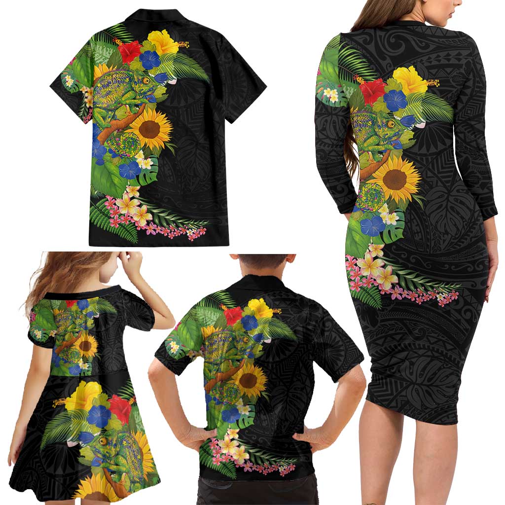 Hawaiian Tropical Plants and Chameleon Family Matching Long Sleeve Bodycon Dress and Hawaiian Shirt Polynesian Art Colorful - Polynesian Pride