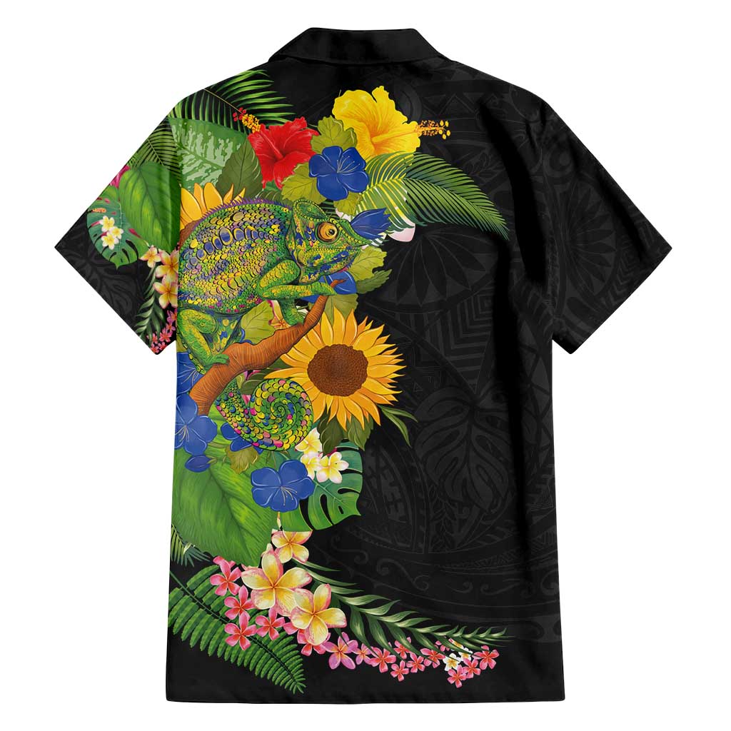 Hawaiian Tropical Plants and Chameleon Family Matching Long Sleeve Bodycon Dress and Hawaiian Shirt Polynesian Art Colorful - Polynesian Pride
