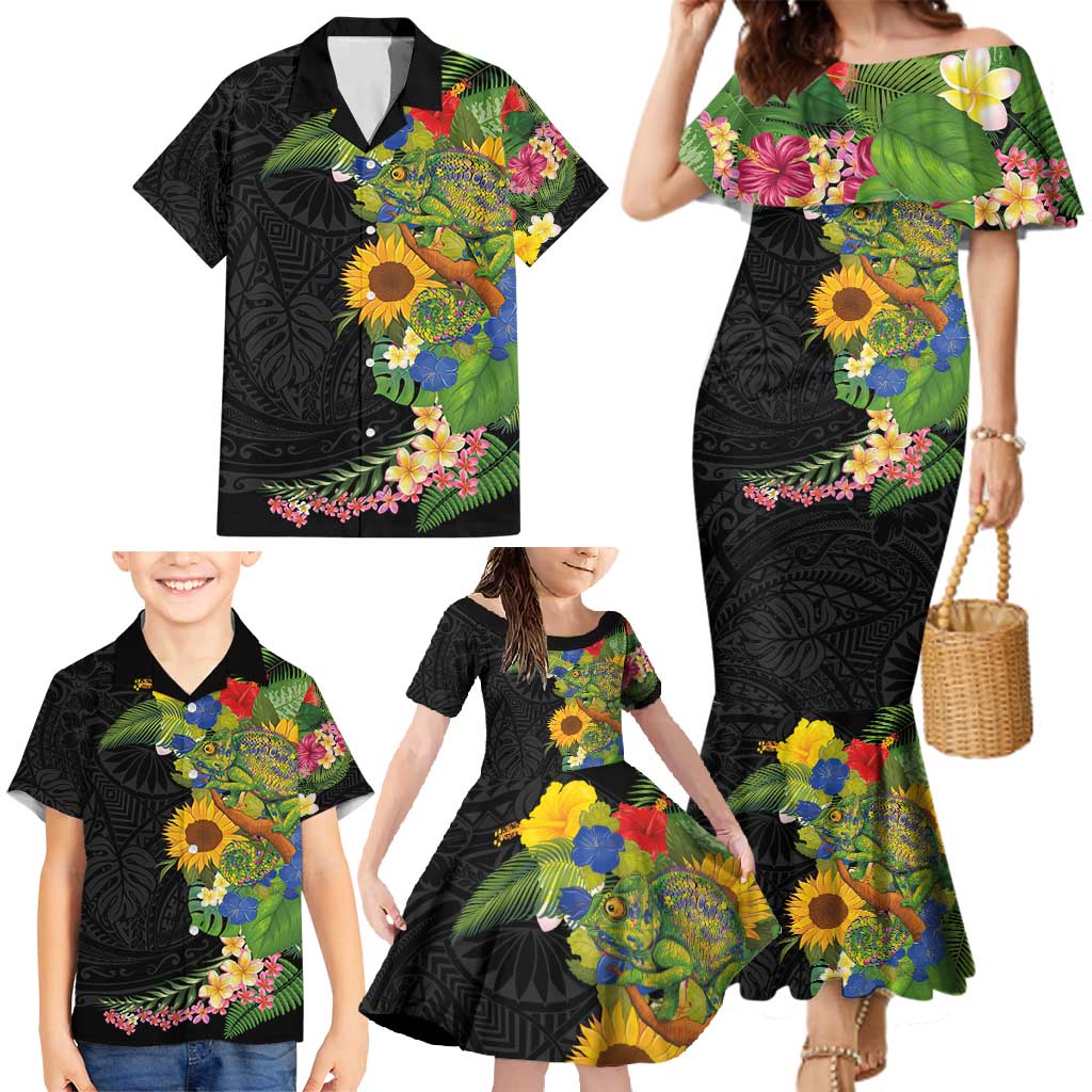 Hawaiian Tropical Plants and Chameleon Family Matching Mermaid Dress and Hawaiian Shirt Polynesian Art Colorful - Polynesian Pride