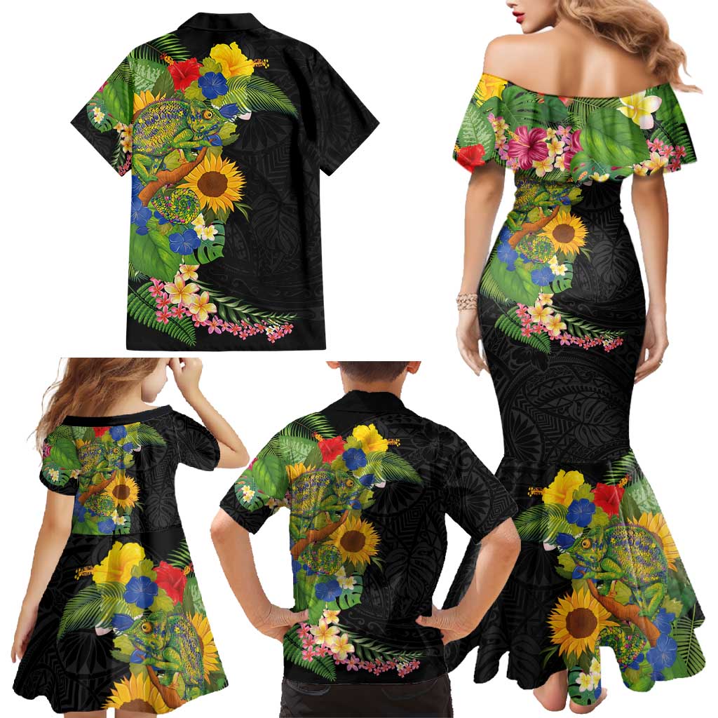 Hawaiian Tropical Plants and Chameleon Family Matching Mermaid Dress and Hawaiian Shirt Polynesian Art Colorful LT03 - Polynesian Pride