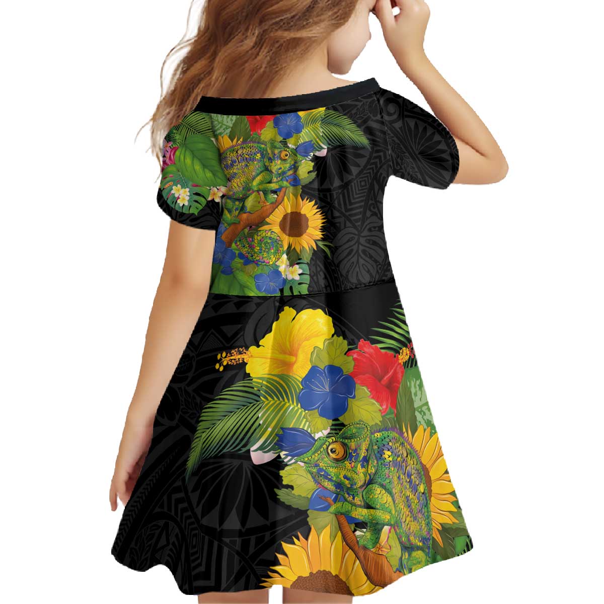 Hawaiian Tropical Plants and Chameleon Family Matching Off The Shoulder Long Sleeve Dress and Hawaiian Shirt Polynesian Art Colorful - Polynesian Pride