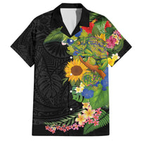 Hawaiian Tropical Plants and Chameleon Family Matching Off The Shoulder Long Sleeve Dress and Hawaiian Shirt Polynesian Art Colorful - Polynesian Pride