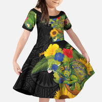 Hawaiian Tropical Plants and Chameleon Family Matching Off Shoulder Maxi Dress and Hawaiian Shirt Polynesian Art Colorful LT03 Daughter's Dress Black - Polynesian Pride