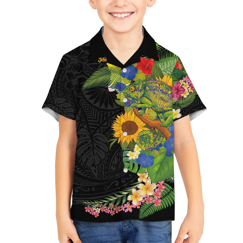 Hawaiian Tropical Plants and Chameleon Family Matching Off Shoulder Maxi Dress and Hawaiian Shirt Polynesian Art Colorful LT03 Son's Shirt Black - Polynesian Pride