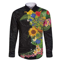 Hawaiian Tropical Plants and Chameleon Family Matching Off Shoulder Short Dress and Hawaiian Shirt Polynesian Art Colorful LT03 Dad's Shirt - Long Sleeve Black - Polynesian Pride