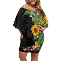 Hawaiian Tropical Plants and Chameleon Family Matching Off Shoulder Short Dress and Hawaiian Shirt Polynesian Art Colorful LT03 Mom's Dress Black - Polynesian Pride