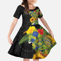 Hawaiian Tropical Plants and Chameleon Family Matching Puletasi and Hawaiian Shirt Polynesian Art Colorful LT03 Daughter's Dress Black - Polynesian Pride