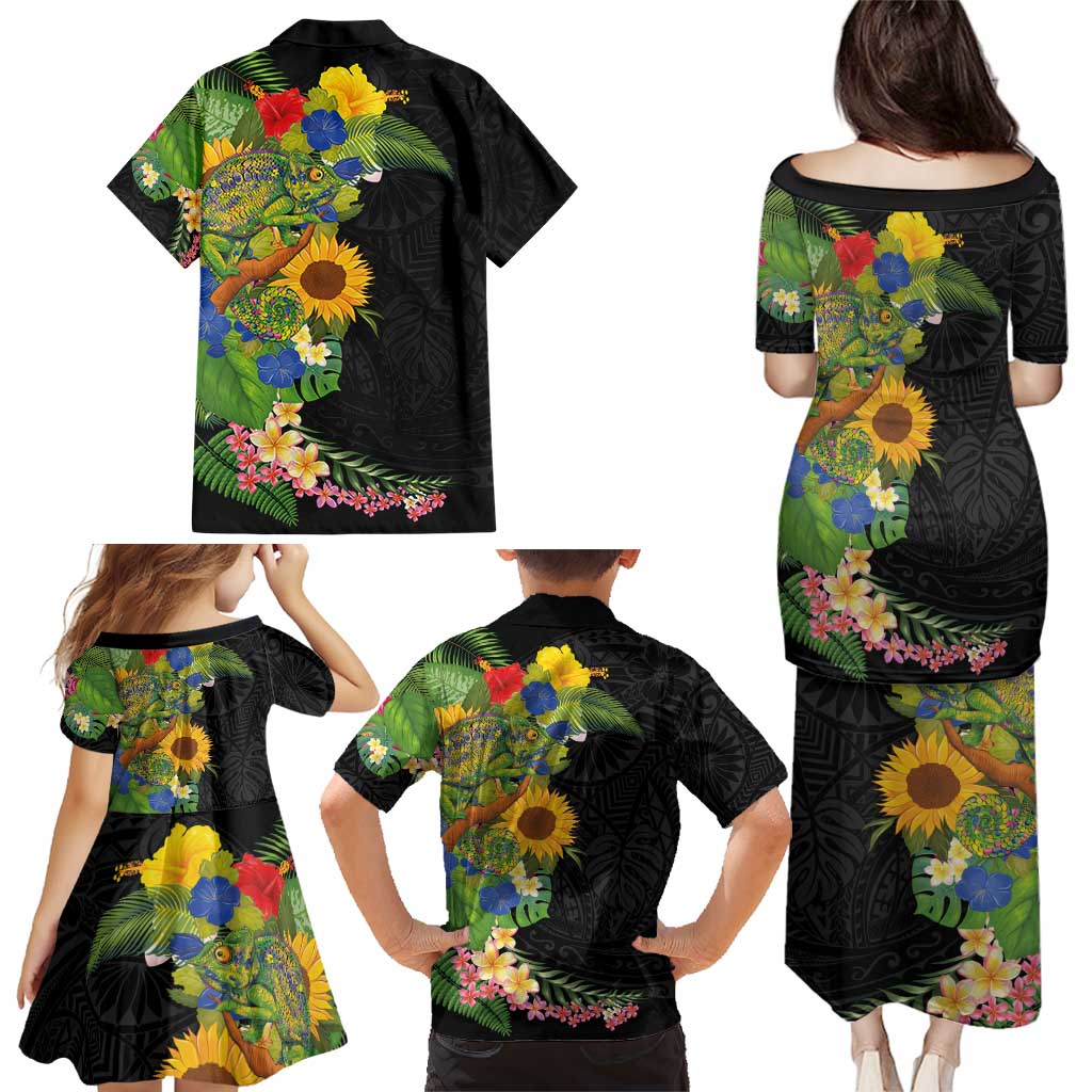 Hawaiian Tropical Plants and Chameleon Family Matching Puletasi and Hawaiian Shirt Polynesian Art Colorful LT03 - Polynesian Pride