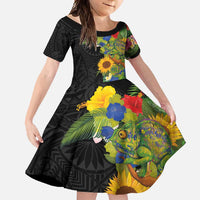 Hawaiian Tropical Plants and Chameleon Family Matching Short Sleeve Bodycon Dress and Hawaiian Shirt Polynesian Art Colorful - Polynesian Pride