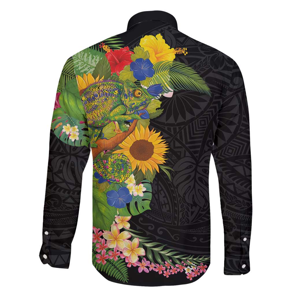 Hawaiian Tropical Plants and Chameleon Family Matching Short Sleeve Bodycon Dress and Hawaiian Shirt Polynesian Art Colorful - Polynesian Pride