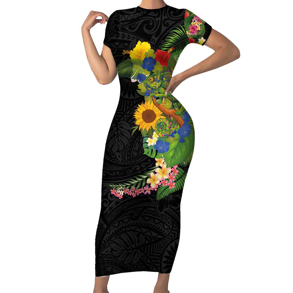 Hawaiian Tropical Plants and Chameleon Family Matching Short Sleeve Bodycon Dress and Hawaiian Shirt Polynesian Art Colorful - Polynesian Pride