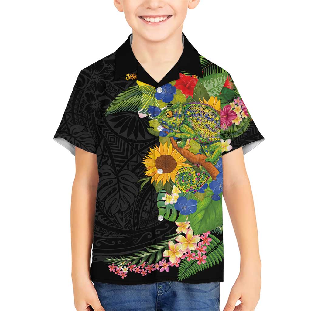 Hawaiian Tropical Plants and Chameleon Family Matching Short Sleeve Bodycon Dress and Hawaiian Shirt Polynesian Art Colorful - Polynesian Pride