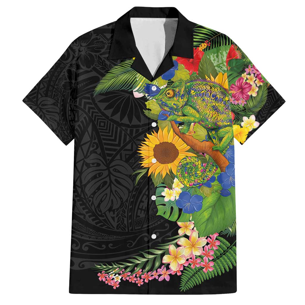 Hawaiian Tropical Plants and Chameleon Family Matching Summer Maxi Dress and Hawaiian Shirt Polynesian Art Colorful LT03 Dad's Shirt - Short Sleeve Black - Polynesian Pride