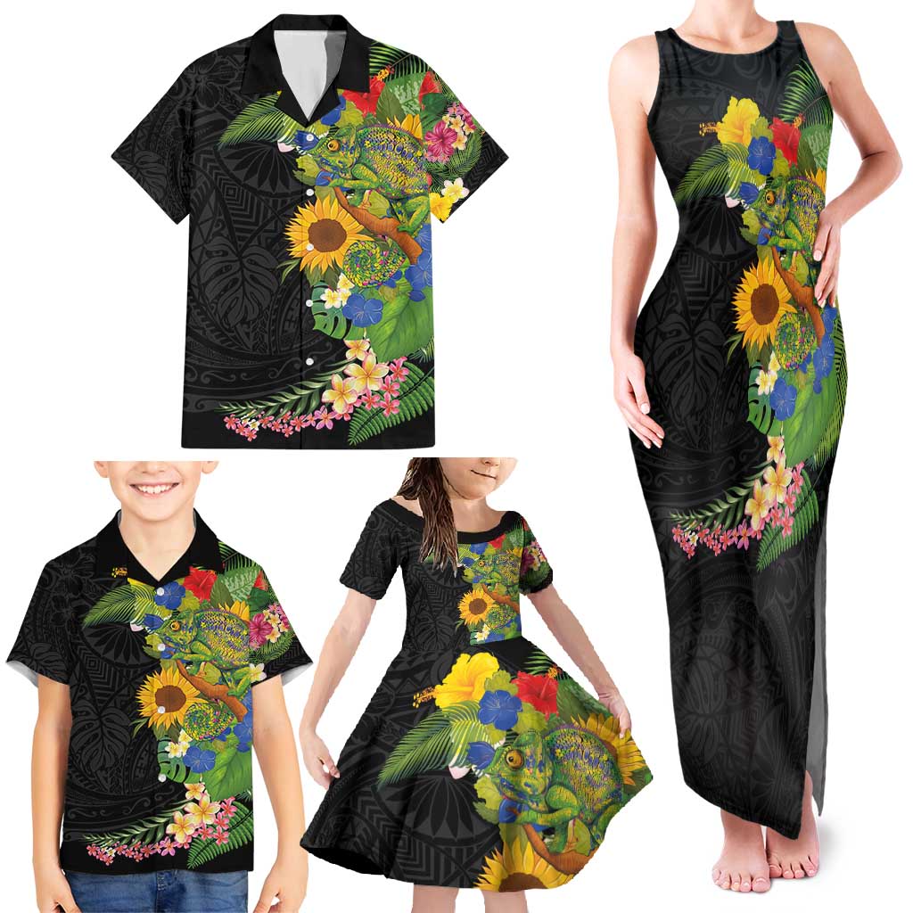 Hawaiian Tropical Plants and Chameleon Family Matching Tank Maxi Dress and Hawaiian Shirt Polynesian Art Colorful - Polynesian Pride