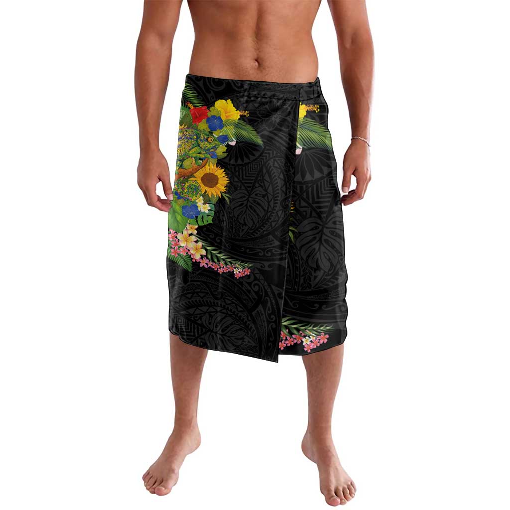 Hawaiian Tropical Plants and Chameleon Lavalava Polynesian Art Colorful LT03 Black - Polynesian Pride