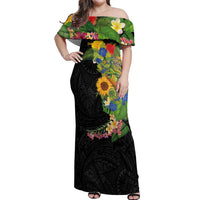 Hawaiian Tropical Plants and Chameleon Off Shoulder Maxi Dress Polynesian Art Colorful LT03 Women Black - Polynesian Pride