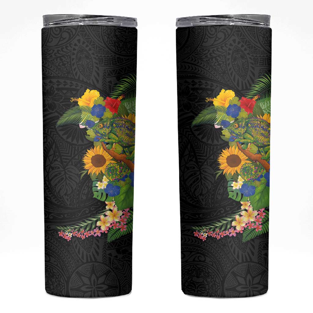 Hawaiian Tropical Plants and Chameleon Skinny Tumbler Polynesian Art Colorful LT03 Black - Polynesian Pride