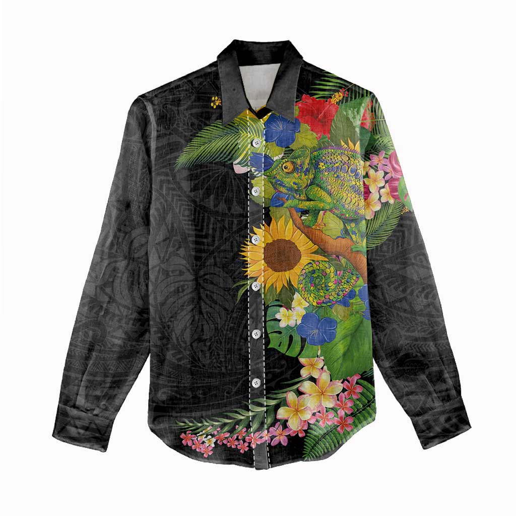 Hawaiian Tropical Plants and Chameleon Women Casual Shirt Polynesian Art Colorful - Polynesian Pride