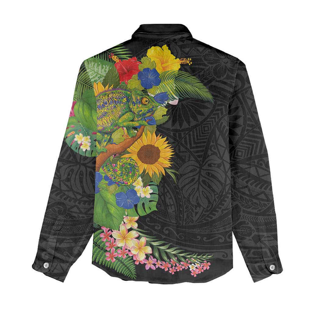 Hawaiian Tropical Plants and Chameleon Women Casual Shirt Polynesian Art Colorful - Polynesian Pride