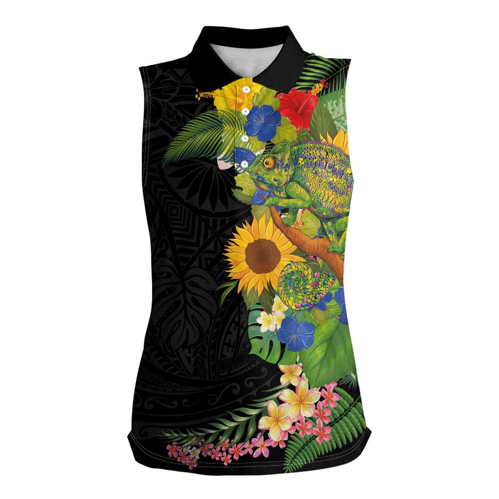 Hawaiian Tropical Plants and Chameleon Women Sleeveless Polo Shirt Polynesian Art Colorful LT03 Female Black - Polynesian Pride