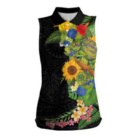 Hawaiian Tropical Plants and Chameleon Women Sleeveless Polo Shirt Polynesian Art Colorful LT03 Female Black - Polynesian Pride