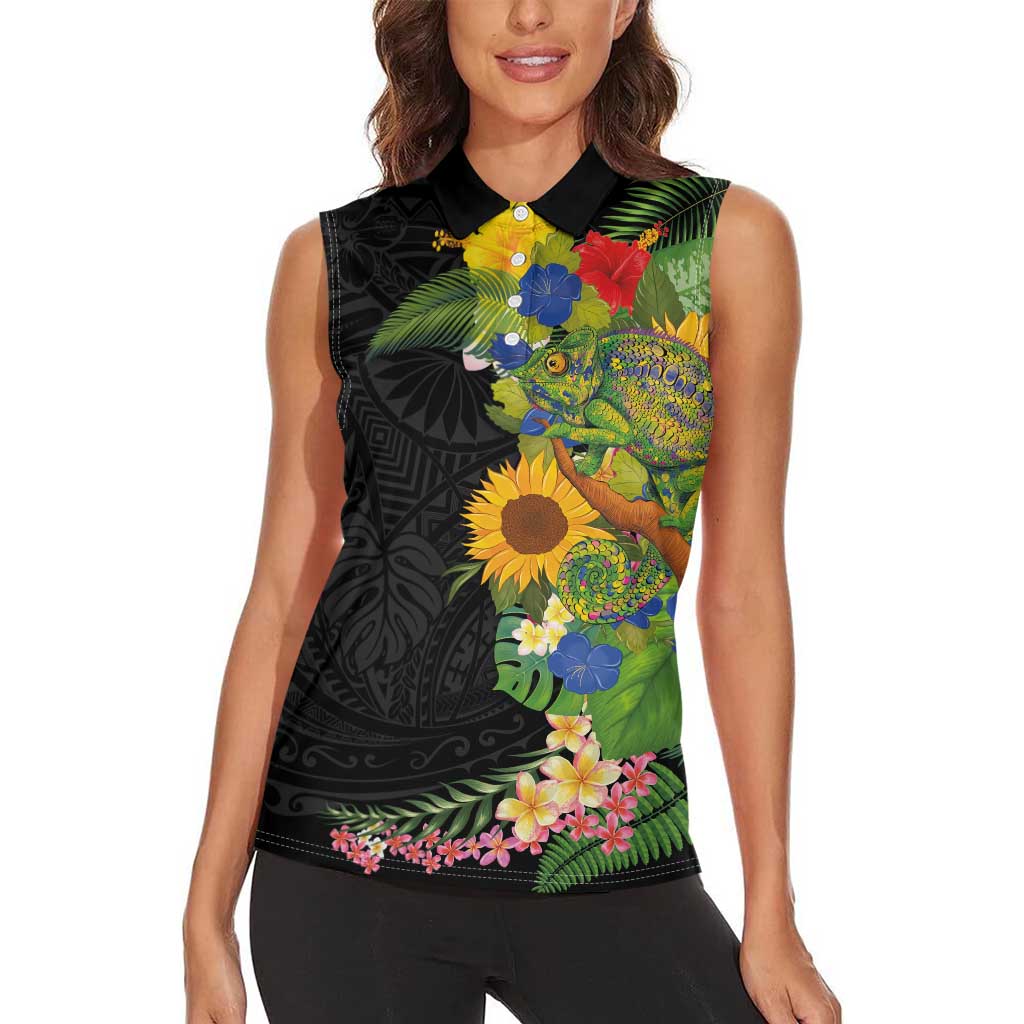 Hawaiian Tropical Plants and Chameleon Women Sleeveless Polo Shirt Polynesian Art Colorful LT03 - Polynesian Pride