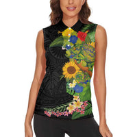 Hawaiian Tropical Plants and Chameleon Women Sleeveless Polo Shirt Polynesian Art Colorful LT03 - Polynesian Pride