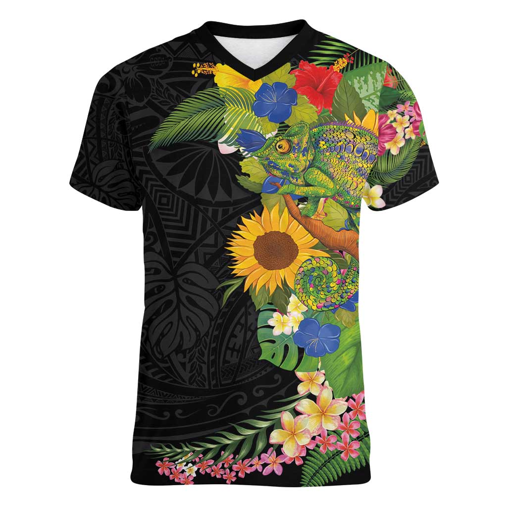 Hawaiian Tropical Plants and Chameleon Women V-Neck T-Shirt Polynesian Art Colorful LT03 Female Black - Polynesian Pride