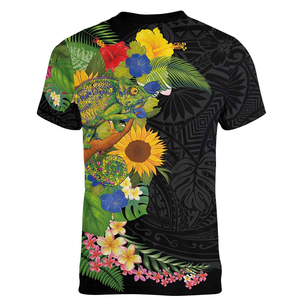 Hawaiian Tropical Plants and Chameleon Women V-Neck T-Shirt Polynesian Art Colorful LT03 - Polynesian Pride