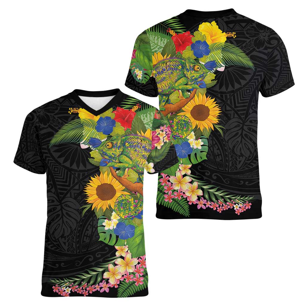 Hawaiian Tropical Plants and Chameleon Women V-Neck T-Shirt Polynesian Art Colorful LT03 - Polynesian Pride