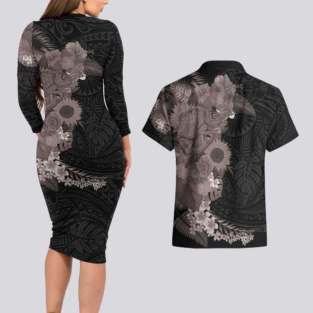 Hawaiian Tropical Plants and Chameleon Couples Matching Long Sleeve Bodycon Dress and Hawaiian Shirt Polynesian Art Grayscale - Polynesian Pride