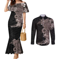 Hawaiian Tropical Plants and Chameleon Couples Matching Mermaid Dress and Long Sleeve Button Shirt Polynesian Art Grayscale - Polynesian Pride