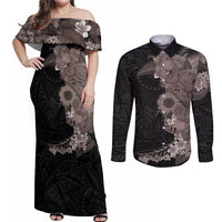 Hawaiian Tropical Plants and Chameleon Couples Matching Off Shoulder Maxi Dress and Long Sleeve Button Shirt Polynesian Art Grayscale - Polynesian Pride