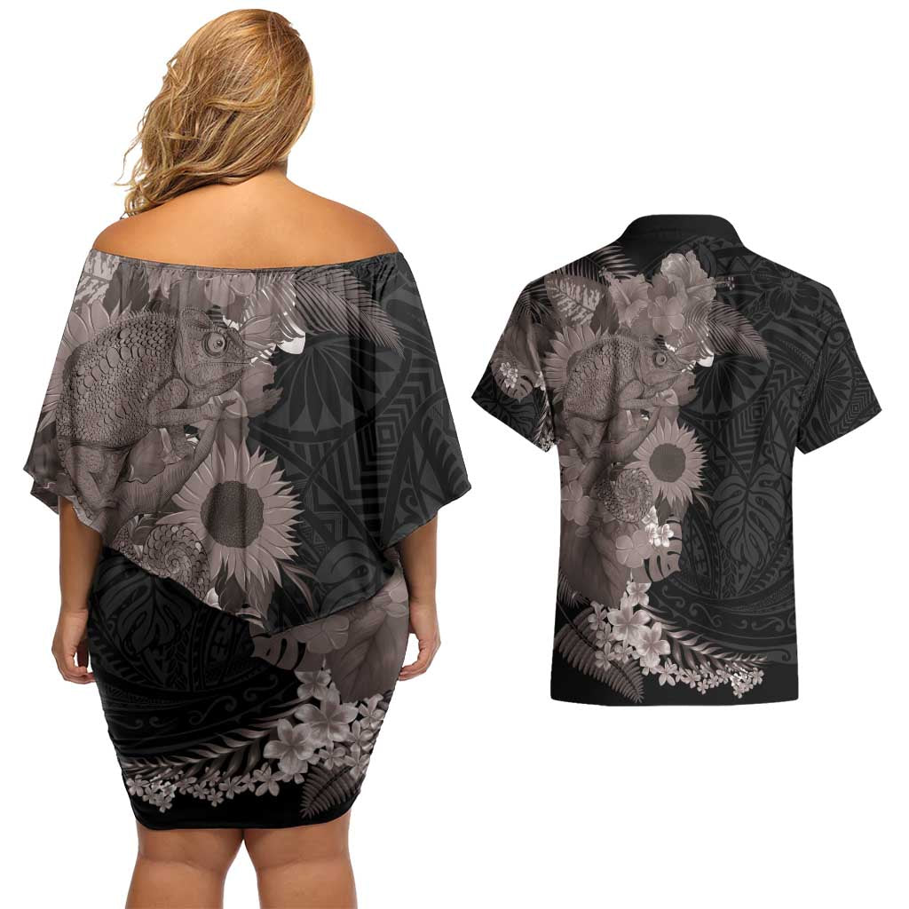 Hawaiian Tropical Plants and Chameleon Couples Matching Off Shoulder Short Dress and Hawaiian Shirt Polynesian Art Grayscale - Polynesian Pride