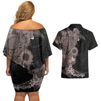 Hawaiian Tropical Plants and Chameleon Couples Matching Off Shoulder Short Dress and Hawaiian Shirt Polynesian Art Grayscale - Polynesian Pride