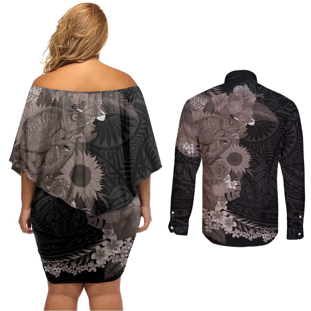 Hawaiian Tropical Plants and Chameleon Couples Matching Off Shoulder Short Dress and Long Sleeve Button Shirt Polynesian Art Grayscale - Polynesian Pride