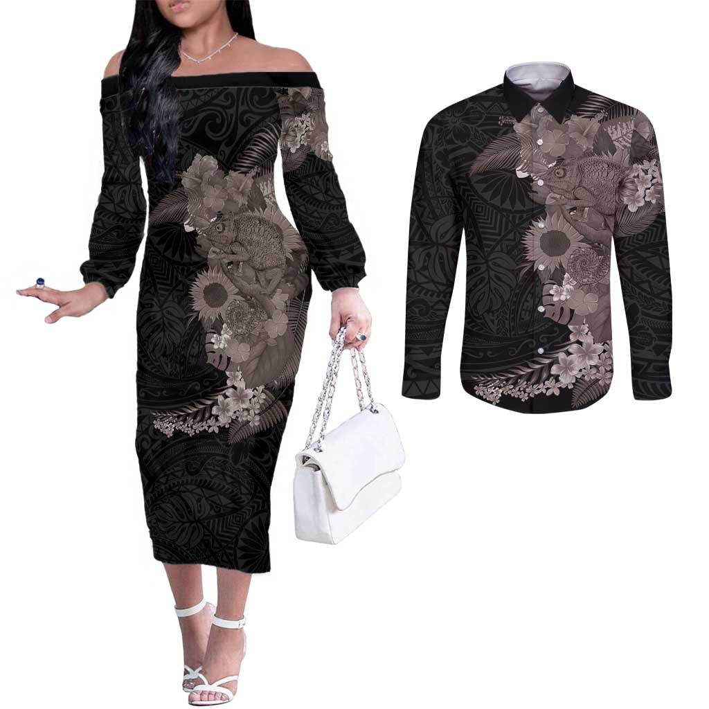 Hawaiian Tropical Plants and Chameleon Couples Matching Off The Shoulder Long Sleeve Dress and Long Sleeve Button Shirt Polynesian Art Grayscale - Polynesian Pride
