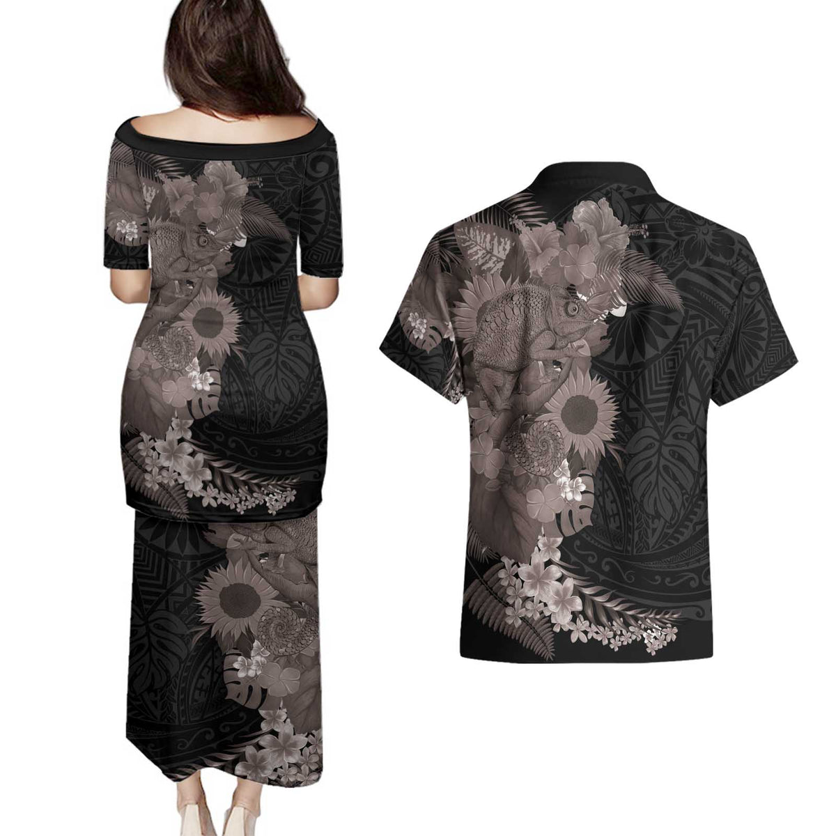 Hawaiian Tropical Plants and Chameleon Couples Matching Puletasi and Hawaiian Shirt Polynesian Art Grayscale - Polynesian Pride