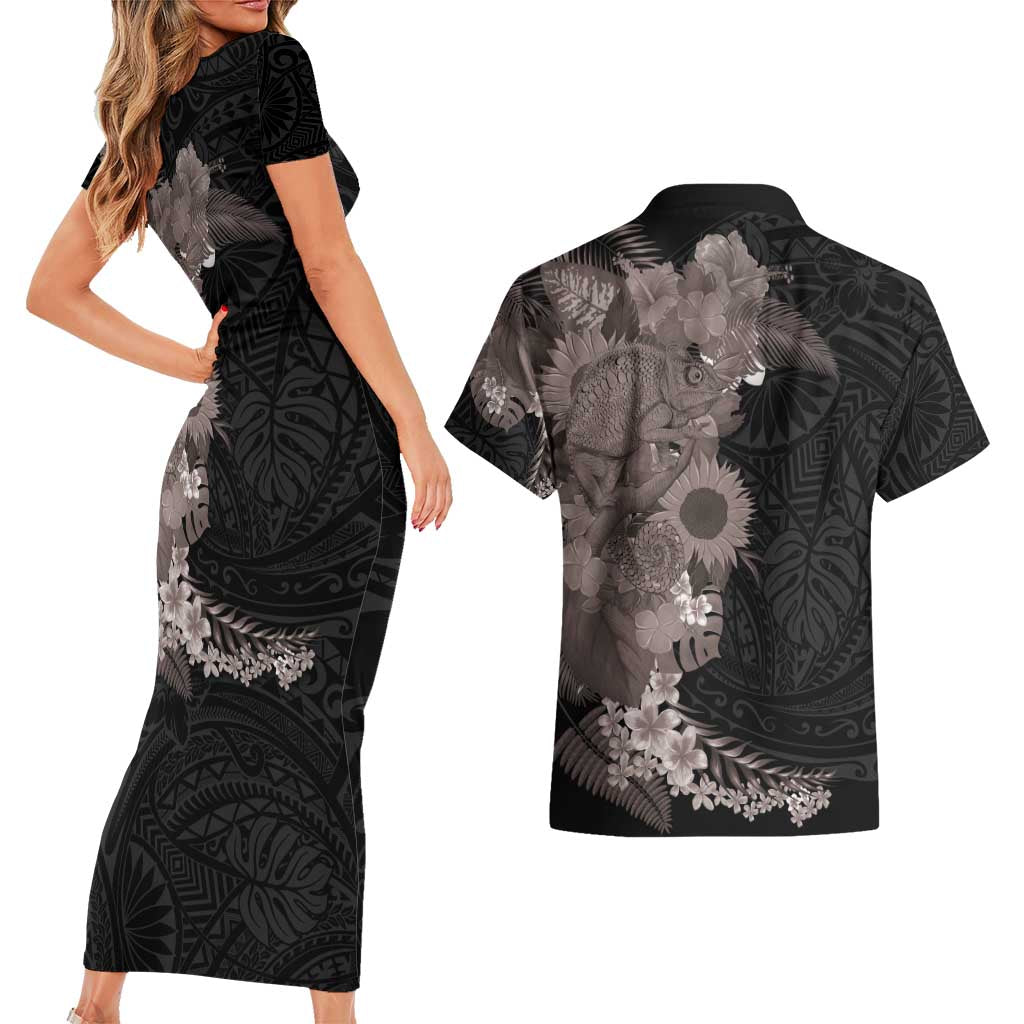 Hawaiian Tropical Plants and Chameleon Couples Matching Short Sleeve Bodycon Dress and Hawaiian Shirt Polynesian Art Grayscale - Polynesian Pride