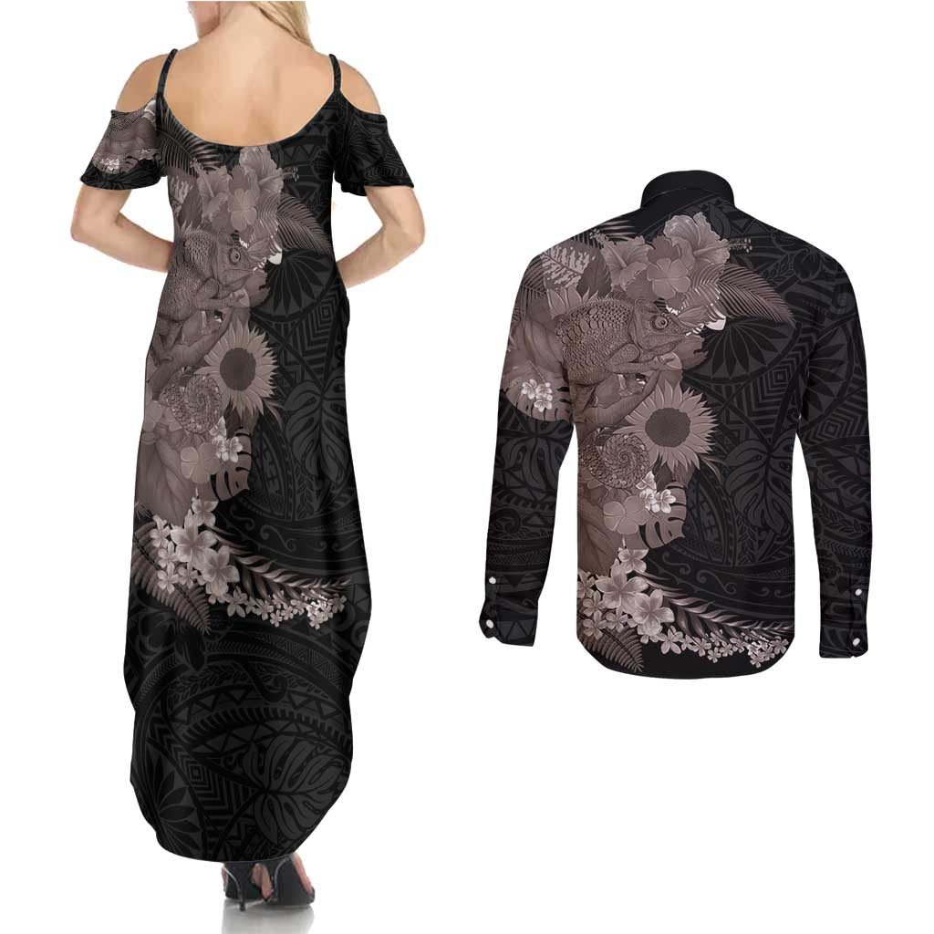 Hawaiian Tropical Plants and Chameleon Couples Matching Summer Maxi Dress and Long Sleeve Button Shirt Polynesian Art Grayscale - Polynesian Pride