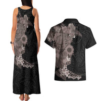 Hawaiian Tropical Plants and Chameleon Couples Matching Tank Maxi Dress and Hawaiian Shirt Polynesian Art Grayscale - Polynesian Pride