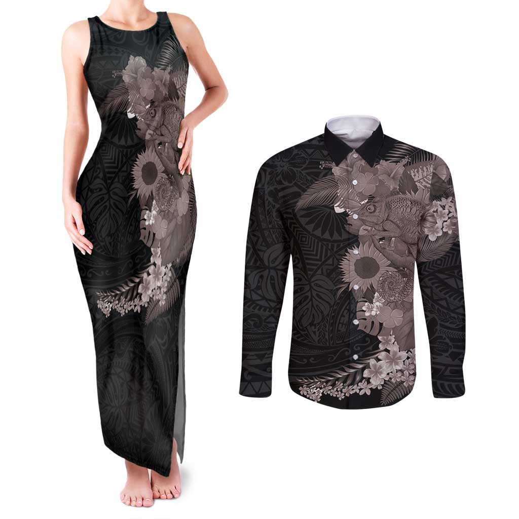 Hawaiian Tropical Plants and Chameleon Couples Matching Tank Maxi Dress and Long Sleeve Button Shirt Polynesian Art Grayscale - Polynesian Pride