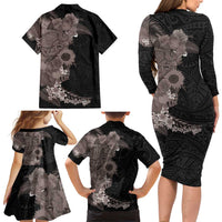 Hawaiian Tropical Plants and Chameleon Family Matching Long Sleeve Bodycon Dress and Hawaiian Shirt Polynesian Art Grayscale - Polynesian Pride