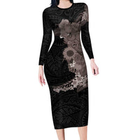 Hawaiian Tropical Plants and Chameleon Family Matching Long Sleeve Bodycon Dress and Hawaiian Shirt Polynesian Art Grayscale - Polynesian Pride