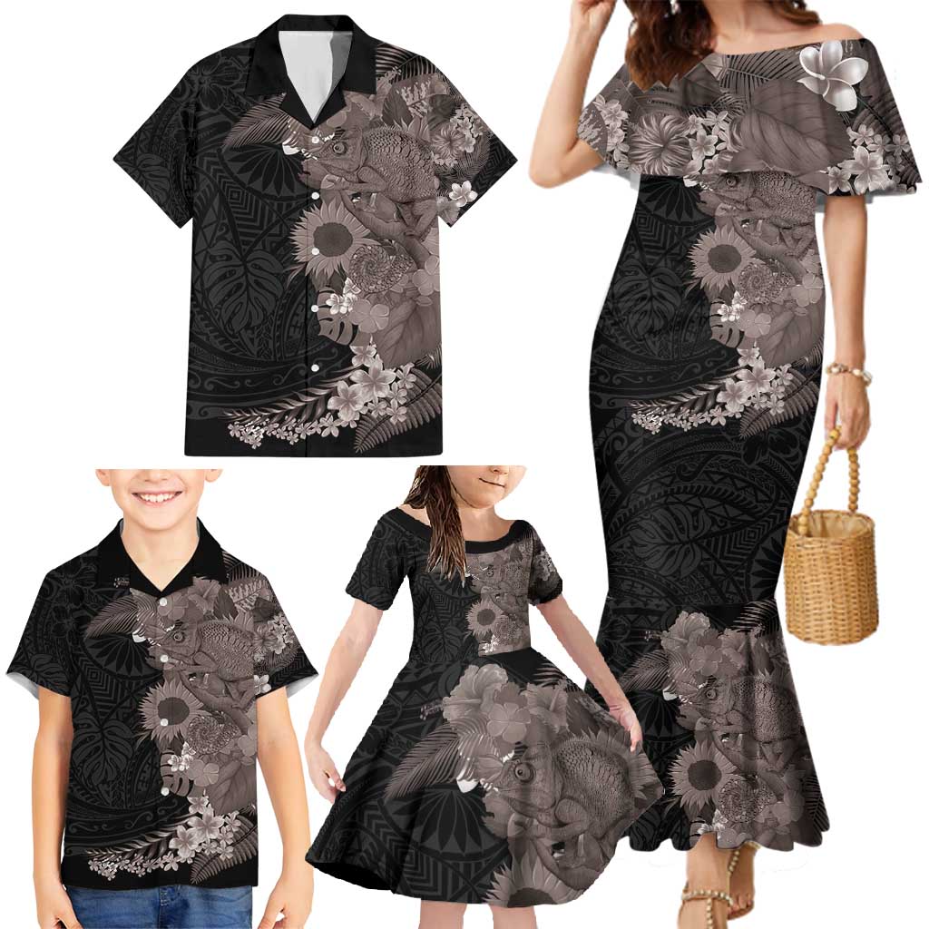Hawaiian Tropical Plants and Chameleon Family Matching Mermaid Dress and Hawaiian Shirt Polynesian Art Grayscale - Polynesian Pride