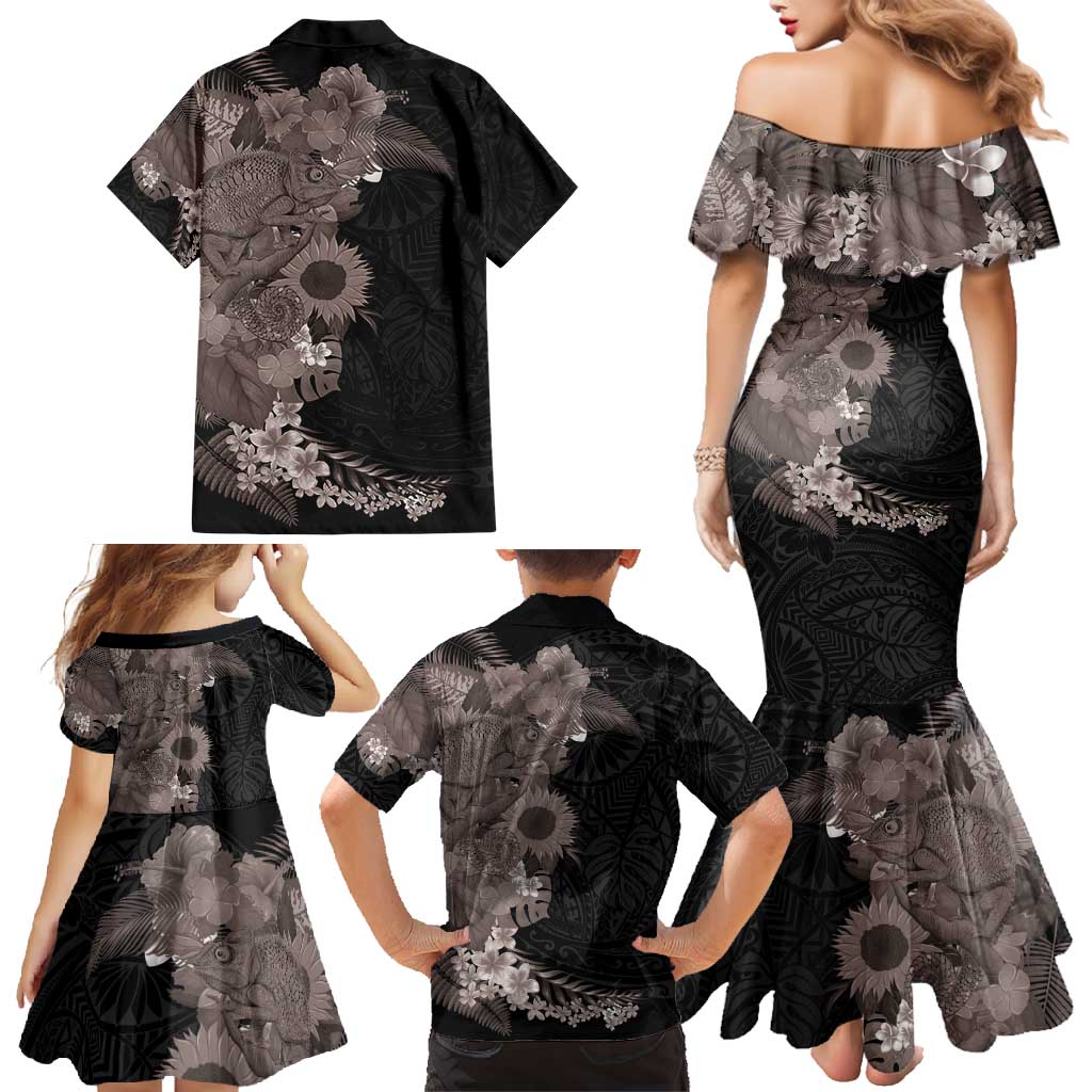 Hawaiian Tropical Plants and Chameleon Family Matching Mermaid Dress and Hawaiian Shirt Polynesian Art Grayscale LT03 - Polynesian Pride
