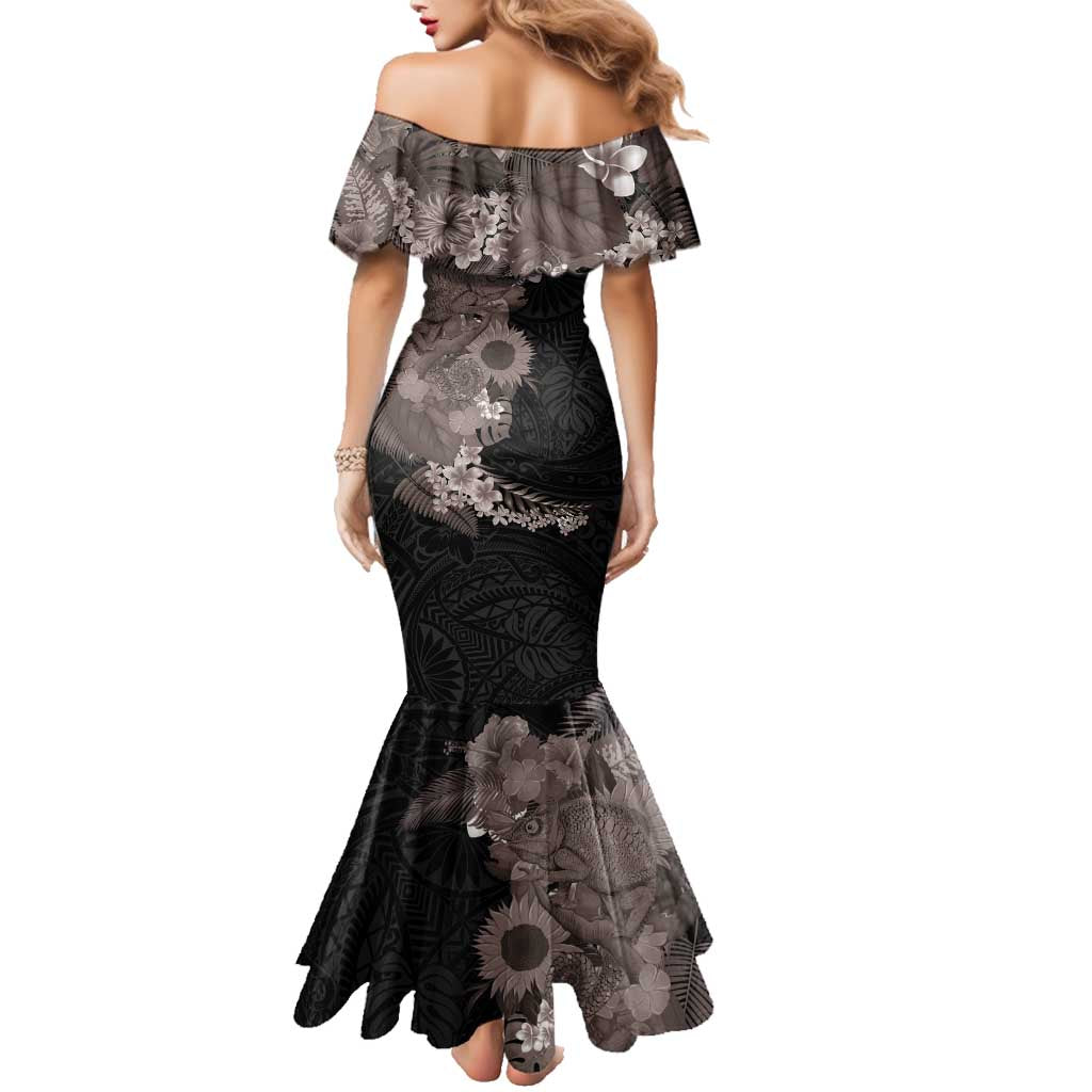 Hawaiian Tropical Plants and Chameleon Family Matching Mermaid Dress and Hawaiian Shirt Polynesian Art Grayscale LT03 - Polynesian Pride